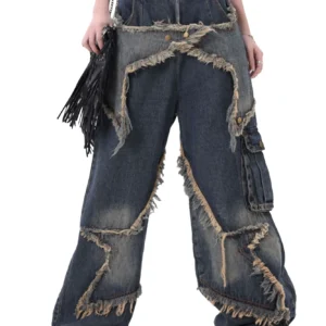 Women’s Distressed Patchwork Baggy Denim Cargo Jeans