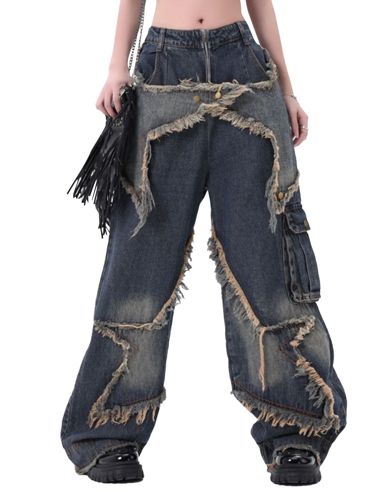 Women’s Distressed Patchwork Baggy Denim Cargo Jeans